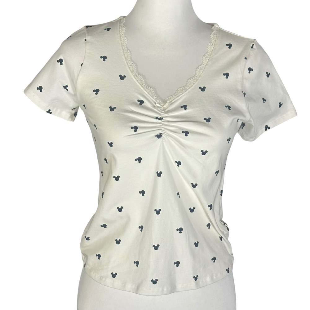 Disney Mickey Mouse Top Women Medium White Ruched Lace V-Neck Short Sleeve Tee
